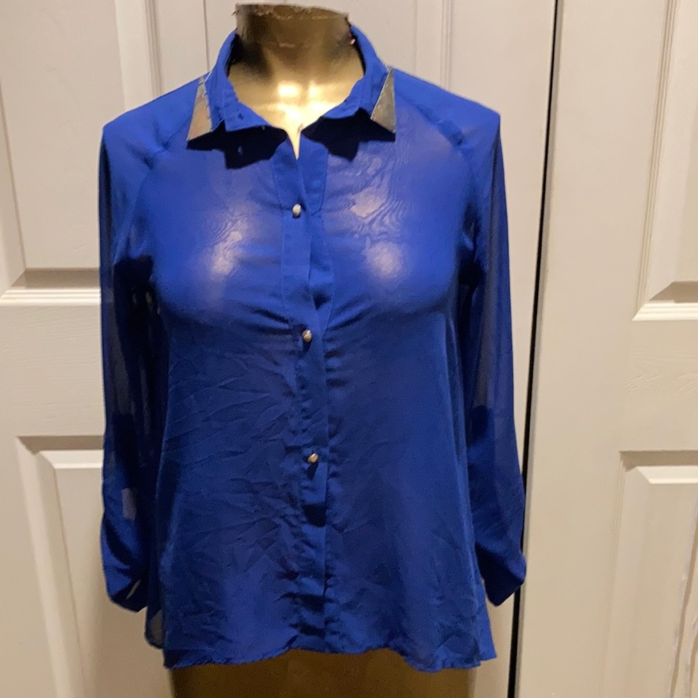 Royal blue sheer button up blouse
